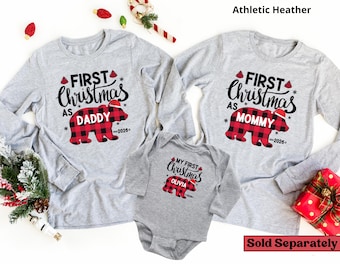 Personalized First Christmas Family Long Sleeve Shirts, Buffalo Plaid Bear Matching Mommy Daddy Tee, Baby First Christmas long sleeve