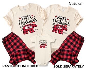 Camisetas personalizadas a juego para toda la familia con estampado de oso y cuadros de búfalo para la primera Navidad, camiseta para papá y mamá para la primera Navidad, regalo para recién nacido