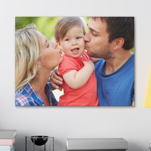 Puede incluir: Impresi&oacute;n en lienzo que presenta un retrato familiar. La imagen muestra a un beb&eacute; sonriendo siendo besado en las mejillas por una mujer y un hombre. El beb&eacute; lleva una camiseta roja. La mujer lleva una camisa a cuadros azul y el hombre una camiseta azul.