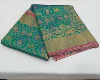Kanjipuram Silk Saree Royal Colors | Gold Zari Buttas Pallu Border | Blouse Attached | USA