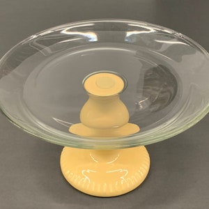 Anchor Hocking Pedestal Cake Stand - Yellow Color Ceramic Base, Crystal Glass Pedestal Cake Stand, Desert Stands,