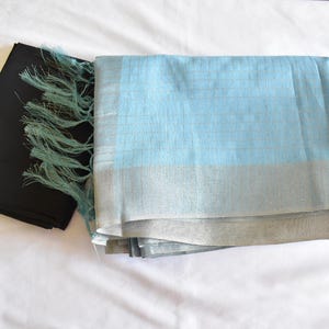 Silk Blend Cotton Silk Linen Saree with Silver Zari thread checkered pattern