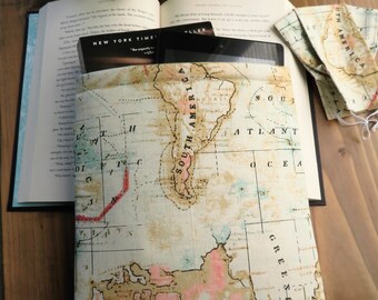 Vintage World Map Padded Foam Book Sleeve, Standard/Medium sized, Travelers gift ideas
