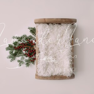 Cozy winter wonderland newborn digital backdrop, wooden bed with white stuffer