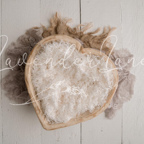 Newborn Digital Backdrop Composite, Wooden Heart Bowl on White Wood Digital Backdrop, Neutral Brown Canvass with Lace