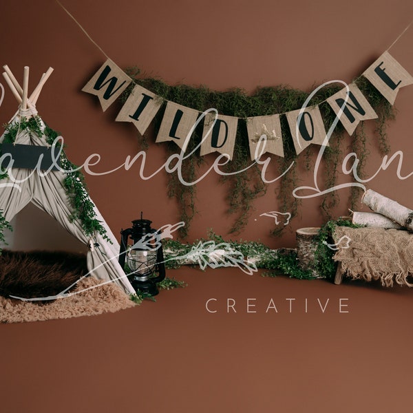 Wild One! Digital Backdrop for 1 year old.  Cake Smash, Camping, Wilderness, Rustic.