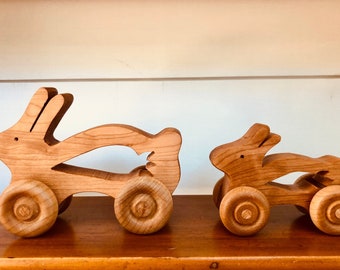 Bunny Rabbit Push Toy Set | Grown-Up & Baby Animal Wooden Cars | Eco-friendly Reclaimed Wood Montessori Toddler Toy on Wheels