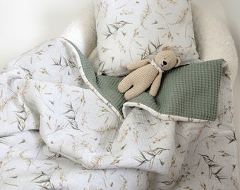 Set Babydecke mit Kissen | weiche Musselin-Waffelpique Babydecke | Eukalyptus grün