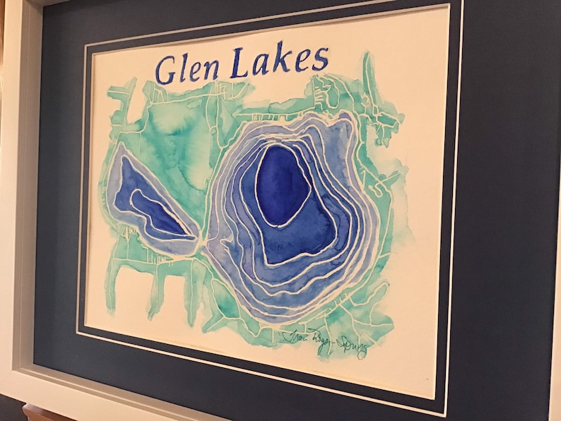 Little Glen and Big Glen Lakes in Leelanau county, Michigan.   Original 8x10 watercolor contour map.