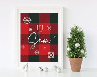 Let It Snow Printable, Rae Dunn Inspired, Red Buffalo Plaid Decor, Printable Gift, Gift for Home, Christmas Printable Wall Art, Mom Gift