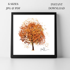 Puede incluir: Una ilustración digital de un árbol de otoño con hojas naranjas y marrones. El árbol está sobre un fondo blanco con la palabra "otoño" escrita en cursiva debajo.