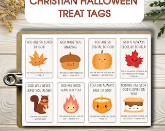 Christian Halloween Tags, Printable Bible Verse Halloween Tracts, Non Halloween Fall Favor Cards, Positive Trunk or Treat Goodie Bag Tags