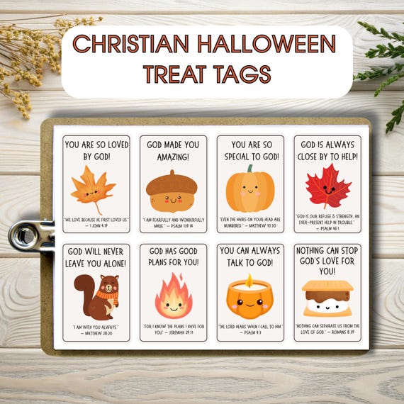 Christian Halloween Tags, Printable Bible Verse Halloween Tracts, Non Halloween Fall Favor Cards, Positive Trunk or Treat Goodie Bag Tags