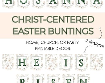 He is Risen Easter Banner Printable, Christian Easter Bunting, Hosanna Mantel Decor, Religious Vintage Floral Church Easter Decorations