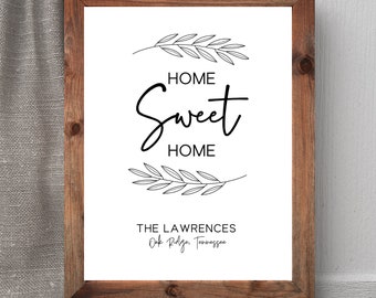 Home Sweet Home Personalized Sign, Printable Family Name Sign, Last Name and City Sign, Personalized Home Gifts, Custom Gifts for Home