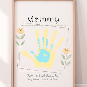 May include: A printable art print with a yellow handprint in a gray frame. The text reads "Mommy, your hand will always be my favorite one to hold."