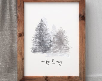 Winter Trees Print, Winter Printable Wall Art, Comfy and Cozy, Winter Digital Art, Winter Scene Print, Winter Watercolor Download, Home Gift