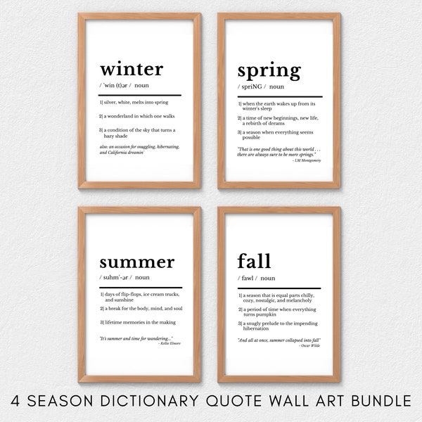 Winter Spring Summer Fall Wall Art, Four Seasons Wall Art, Definition Printable, Minimalist Wall Art Set of 4, Dictionary Page Print Bundle