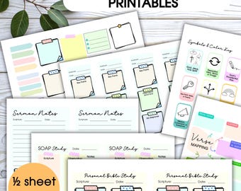 Bible Journaling Printable Kit | Bible Tip Ins, SOAP Study, Verse Mapping, Sermon Notes | Half Sheet Bible Study Printables & Stickers
