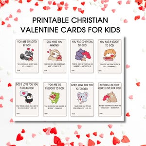 Pode incluir: Cartões de Dia dos Namorados cristãos imprimíveis para crianças. Cada cartão apresenta uma ilustração de animal fofo com uma mensagem de amor e um versículo bíblico. Os cartões são decorados com corações.