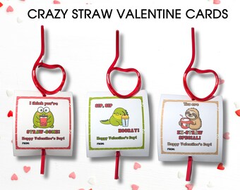 Crazy Straw Valentine Cards, Silly Straw Valentines Printable, Non Candy Classroom Valentines for Kids, Fun School Valentines, Party Favors