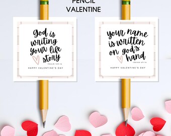 Christian Pencil Valentine Cards Printable | Modern Bible Verse Valentines | Editable Faith Based Classroom Exchange for Older Kids |