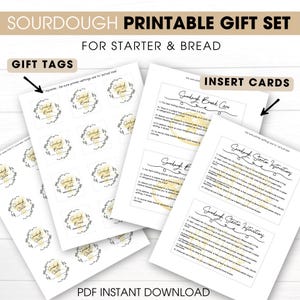 May include: A printable sourdough gift set with gift tags and insert cards. The gift tags are square with a floral wreath design and the text "Sourdough Bread". The insert cards include instructions for sourdough bread care and starter instructions. The set is a PDF instant download.