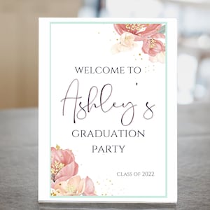 Sinal de formatura floral para menina, sinal de boas-vindas de formatura para impressão, pôster de boas-vindas de formatura, sinal de festa de formatura, sinal de boas-vindas personalizado