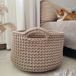 Large basket, crochet cotton rope basket for living room, beige basket for pillows, big size modern organizer, knitted bin for bedroom, kids