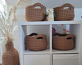 baskets for shelves, medium basket with woven handles fits for regal , crochet heavy thick basket for kids room, modern simple organizer