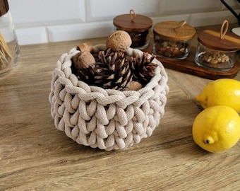 chunky small basket, crochet table basket, mini basket for shelf, minimalist woven beige bowl, decorative autumnal vibes, boho decor, gift