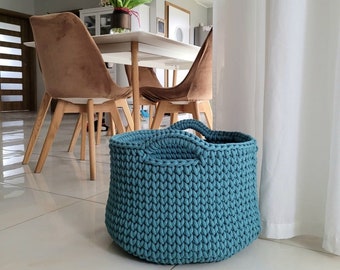 Teal blue basket, extra large crochet basket with woven handle, cotton cord organizer for pillows&blankets, toy hamper, kids room hamper