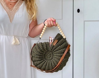 Seashell bag, crochet khaki bag with long adjustable strap and short strap of wooden beads,cotton medium purse,knitted shell for sale