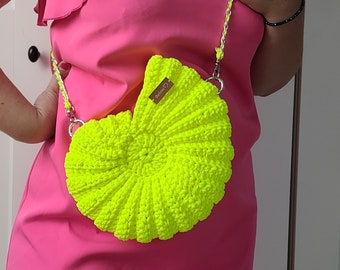 Neon shell Bag, crochet small bag, beach bag, exclusive yellow & orange bag, crossbody purse, phone bag, cotton handmade bag with chain.