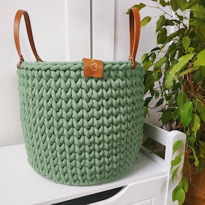 Large Basket for blankets, crochet organizer for plant, crochet green rope basket, standing basket with handles, large heavy solid basket