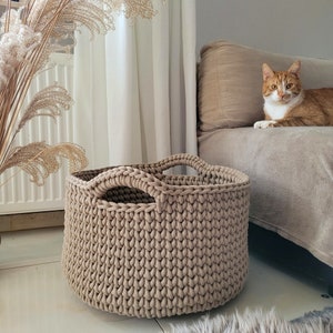 Large basket, crochet cotton rope basket for living room, beige basket for pillows, big size modern organizer, knitted bin for bedroom, kids dark beige