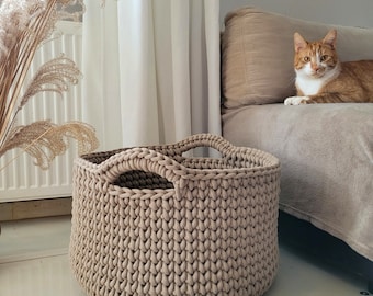 Large basket, crochet cotton rope basket for living room, beige basket for pillows, big size modern organizer, knitted bin for bedroom, kids