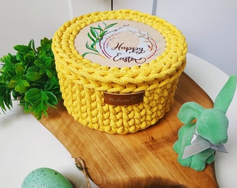 Happy Easter Basket with lid, yellow, lemon, crochet easter basket with plywood bottom, gift easter basket for eggs, easter decor, egg