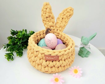 yellow easter basket, crochet bunny basket with ears, honeycomb table decor, easter basket gift for Kids, adults & teenager,