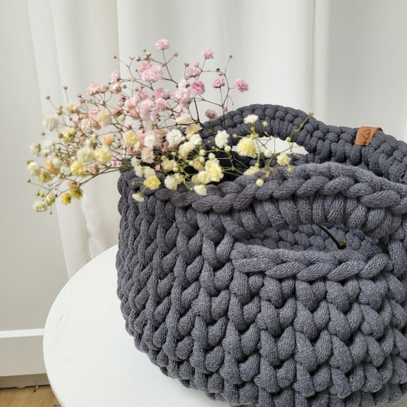 Crochet Cotton Basket with Woven Handles: Modern Minimalist Decor