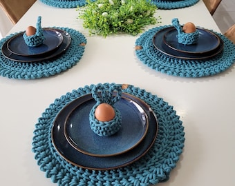 se of 6 round placemats, crochet cotton table decor, handmade placemats set of4, table placemats, knitt table mat, blue teal Turquoise color