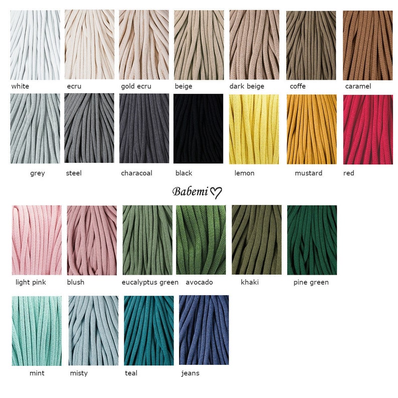 May include: A color chart of 20 different colors of cotton cord. The colors are arranged in rows and labeled with their names. The colors include white, ecru, gold ecru, beige, dark beige, coffee, caramel, grey, steel, charcoal, black, lemon, mustard, red, light pink, blush, eucalyptus green, avocado, khaki, pine green, mint, misty, teal, and jeans.
