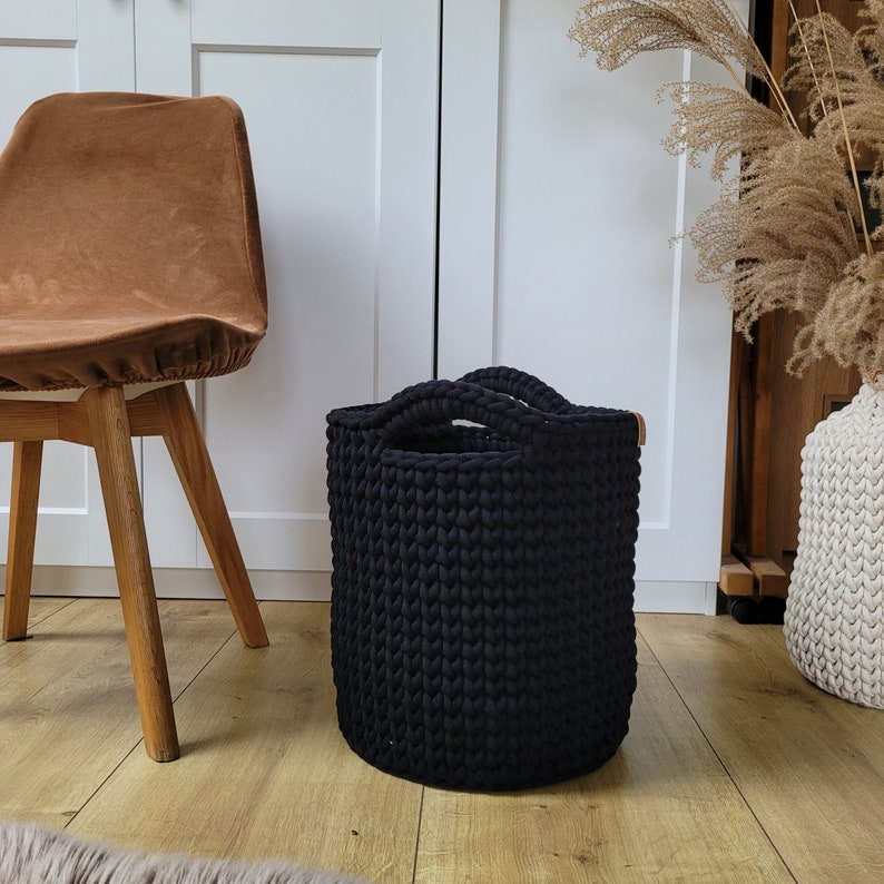 Large Basket for Blankets, Black Crochet Organizer for Toys, Woven
