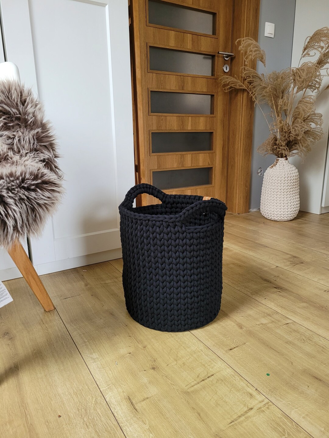 Large Basket for Blankets, Black Crochet Organizer for Toys, Woven