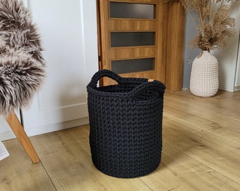 Large Basket for blankets,  black crochet organizer for toys, woven black rope basket, standing basket with woven handles, chunky heavy box