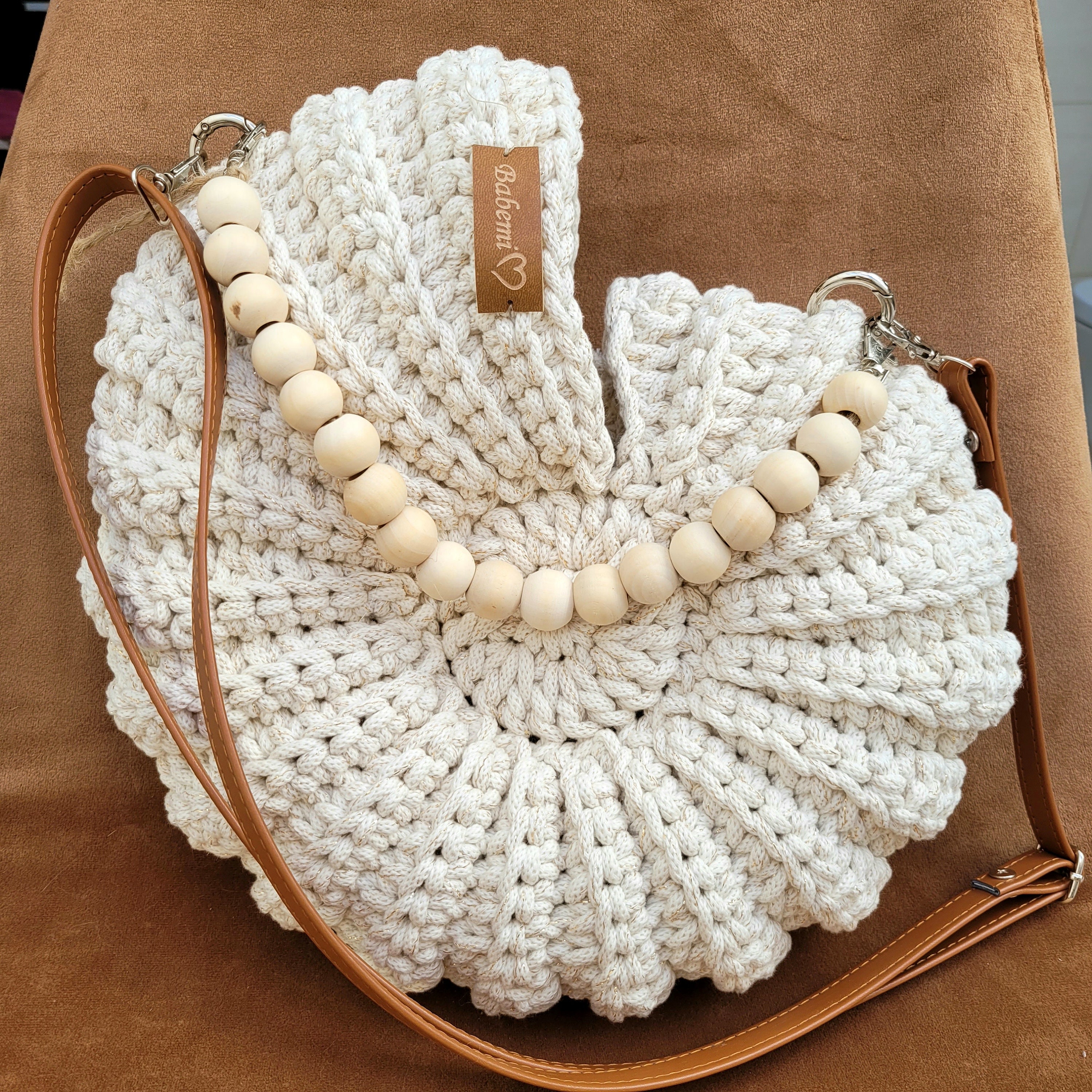 Seashell Bag, Crochet Gold Creme Bag with Long Adjustable Strap and Short Strap of Wooden Beads, Cotton Medium Purse, Knitted Shell for Sale