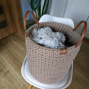 Laundry basket, Large basket, big crochet basket for blanket and pillows, knitted woven rope basket, 35/40cm, 14'' 16'', dark beige zdjęcie 6