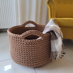 Large basket, crochet cotton rope basket for living room, beige basket for pillows, big size modern organizer, knitted bin for bedroom, kids caramel
