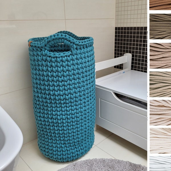 Tall and slim laundry basket with woven handles, round large crochet basket for kids room, decorative storage hallway, narrow space hamper,