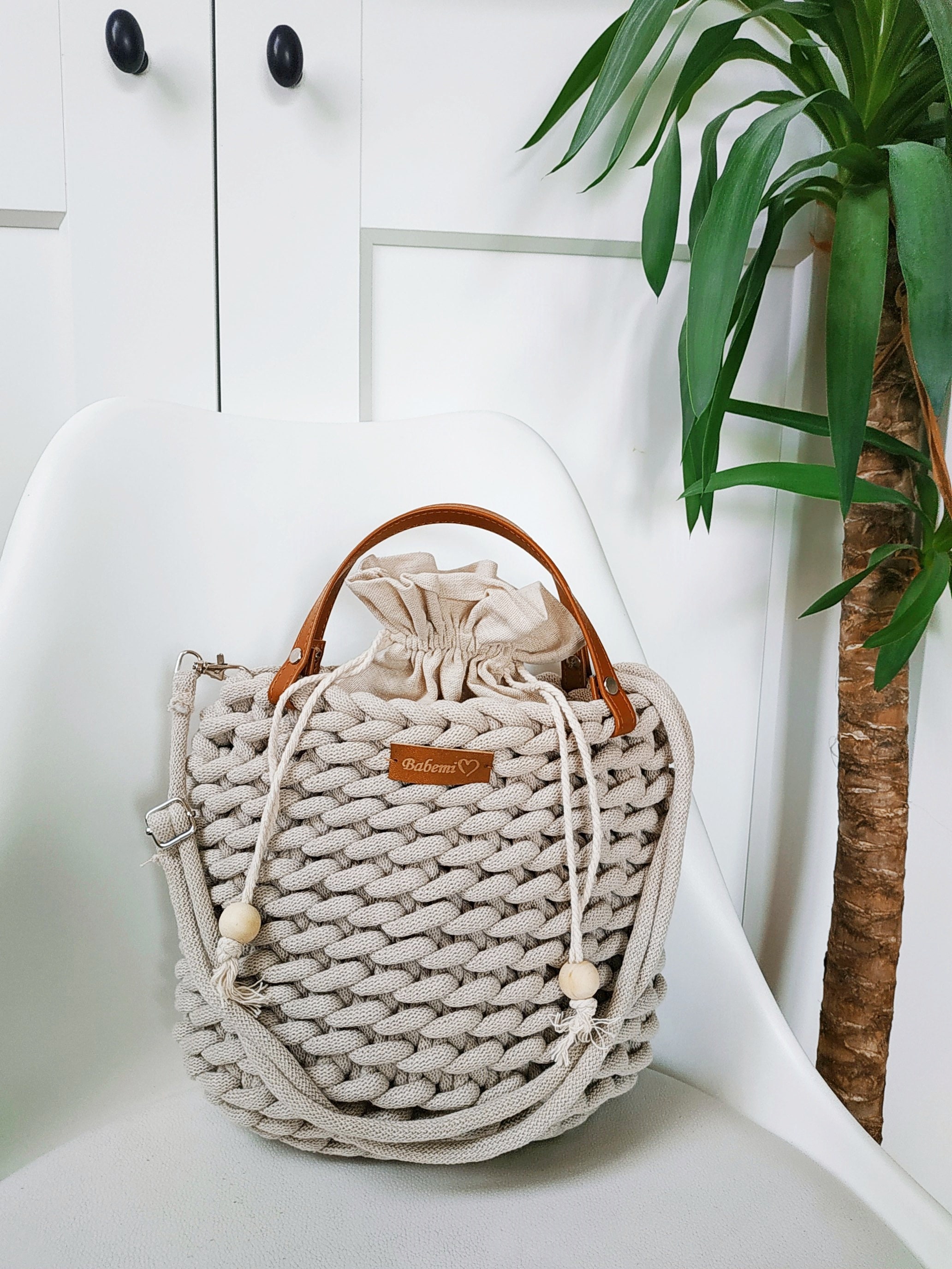 Beige Bag With Drawstring Bag, Bag With Rope Handle, Top